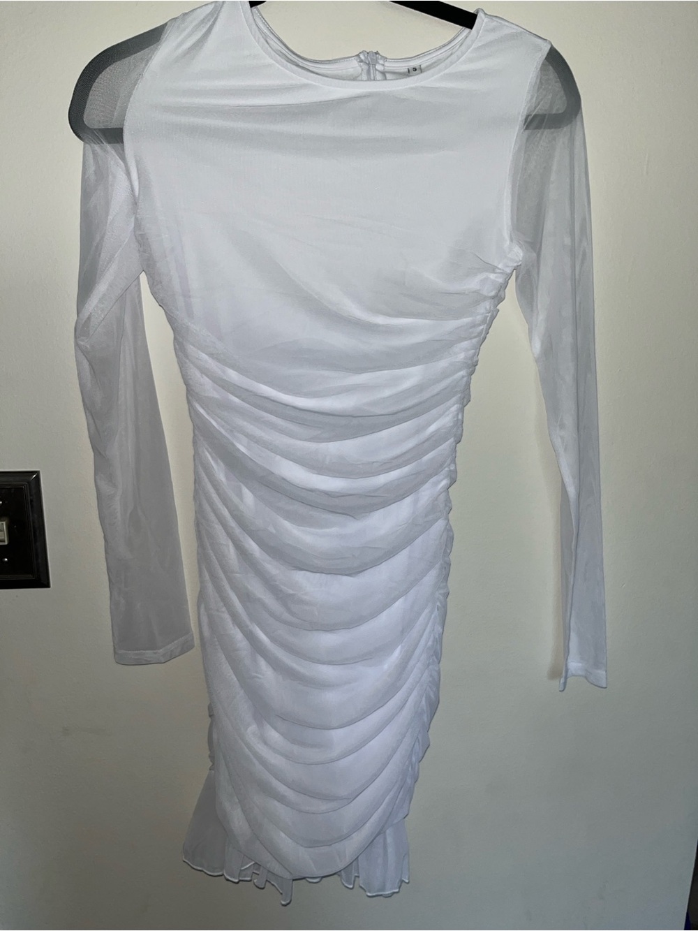 Amazon White Long-Sleeve Ruched Sheer Overlay Dress